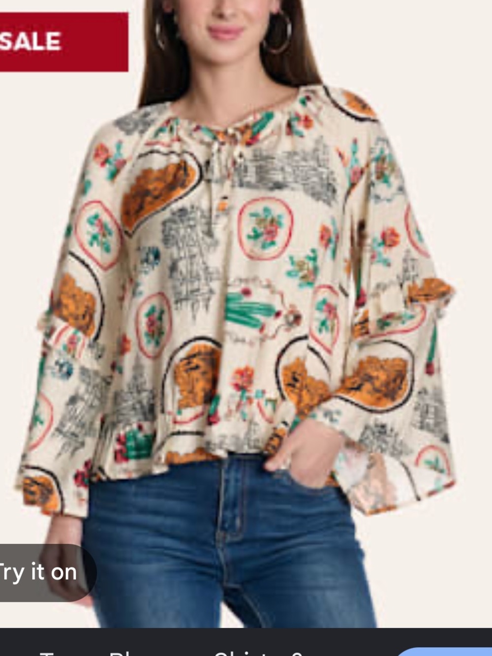 NWT blue b Cream Floral Western Peasant Blouse